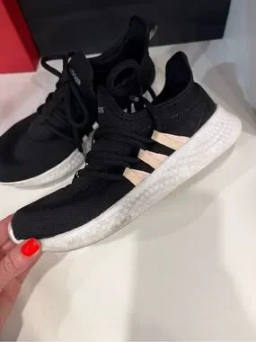 Adidas Shoes Adidas Black Sneakers With White Sole And Pink Stripes adidas-shoes-adidas-black-sneakers-with-white-sole-and-pink-stripes